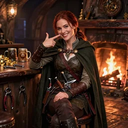 kate beckinsale weared as thief smiling, point nose, with knives in bandolier and cloak cape, sit in dark fantasy tavern near fireplace, behind bar deck with bear mugs, lockpicks and pile of gold, medieval dnd, colorfull digital fantasy art, 4k