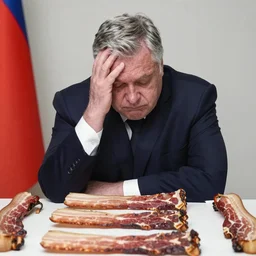 portrait of depressing viktor orban sitting behind a table full of bacon