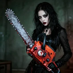 mid shot of goth girl holding a chainsaw dripping blood, from the movie Saw