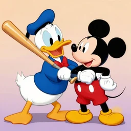 donald duck hitting mickey mouse with a baseball bat