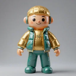 accurate detailed pvc inflated gold & teal colored action figure fashion god, full body, futuristic, concept art, character only, detailed art, puffy adidas streetwear, figurine!!!, studio lighting, grey background, no shadow, trending on artstation, 4 k, sharp, highly - detailed, focus on face!!!