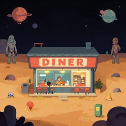 in front of a [ [ [ diner ] ] ] in a remote outpost, on an alien planet, from a space themed point and click 2 d graphic adventure game, art inspired by mark keathley