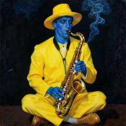 man sitting in a yellow costume with a yellow hat holding a saxophone, smoking a cigarette, blue skin, blue smoke, dark background, realistic painting, artwork, meditative, alphonse mucha