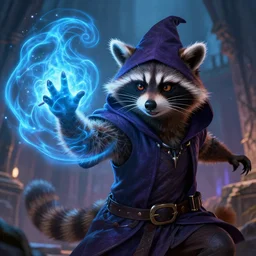closeup, highly detailed digital illustration portrait of hooded sorcerer druid necromancer sly cooper rocket the raccoon casting a magical energy sparkling swirling blue glowing spell in an ancient castle, action pose, d & d, magic the gathering, by rhads, frank frazetta, lois van baarle, jean - baptiste monge, disney, pixar,