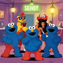 sesame street characters bank heist, violent, digital art