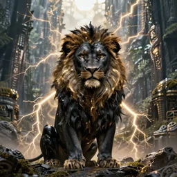 satisfied black lion's god looking at you, black fur merged with gold lightnings surrounded by epic ancient huge forest and mountains, colossal scale, cinematic shot, vibrant colors, photorealism, epic, octane render by Evgeniy Antonenkov and James Jean
