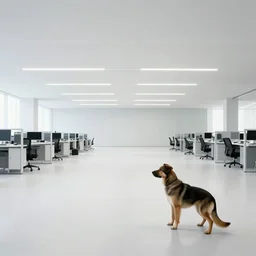 wide shot of john travolta as a dog lost in liminal space of an endless office by tadao ando
