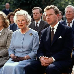 queen elizabeth and peter beardsley and furry seated in audience outdoors kodachrome washed out vintage summertime