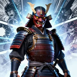 upper body illustration ofa samurai master in full armor, he wears a demon mask, mattepainting concept blizzard pixar maya engine on stylized background splash comics global illumination lighting artstation, sharp focus, lois van baarle, ilya kuvshinov, rossdraws
