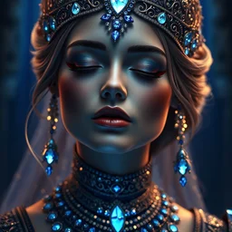 photo of wonderful princess of sapphire with fair skin, she has her eyes closed, glowing, ornate and intricate blue jewelry, jaw dropping beauty, glowing background lighting, blue accent lighting, hyper detailed, award winning photography, 4 k octane render