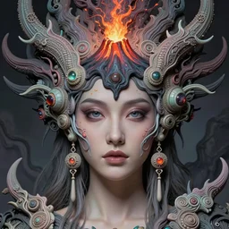 hyperrealistic detailed face portrait of the beautiful goddess of the volcanos with an intricate headdress of an erupting volcano, art by ernst haeckel, john william godward, android jones, h. r. giger, gothic - cyberpunk, ornamental, dimmed pastel colours,