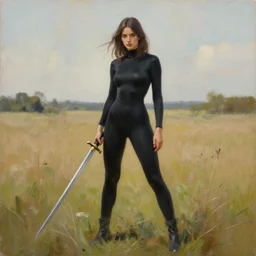 a painting of woman wearing black skintight clothes holding a sword standing in a field, painting by mark brooks, trending on artstation, artstationHD, artsationHQ