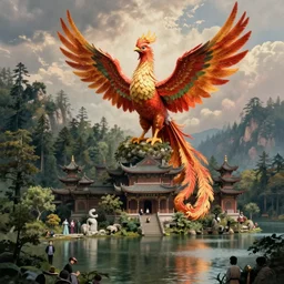A beautiful hyper realistic detailed matte painting of a phoenix temple nestled in forest next to a lake, artwork by John Howe and Albert Bierstadt and Alena Aenami and dan mumford and dave noton, unreal engine, trending on behance