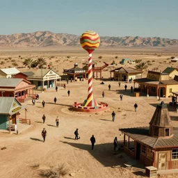 realistic candyland wild west town, desert, national geographic, canon 5 0 mm, cinematic lighting, photography, retro, film, kodachrome
