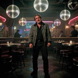 the full - body shot of crying unkempt drunkard brawler joaquin phoenix with sideburns worn in grey jacket in steampunk disco bar, still shot from withnail & i movie with cinematography of christopher doyle, frostpunk, neon light, discoball light, anamorphic, optical flares, low contrast kodak film, sharp focus, 8 k