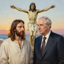 masterpiece painting of jacques chirac and his friend jesus christ. in the background is a beach at sunset. by rembrandt
