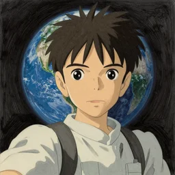last selfie on earth drawed by M. C. Escher colored by Hayao Miyazaki