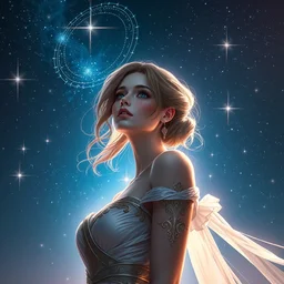 beautiful and elegant female astromancer in the starry sky, star sparkles, sharp focus, epic retrowave art, masterpiece, trending on art station, fantasy, digital painting, highly detailed, 8 k realistic, dof, art by artgerm, greg rutkowski, sasoura, satchely, miracle, channel
