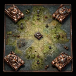 overhead view, digital painted rusted dieselpunk tank virtual tabletop asset sheet, grid, roll 2 0, 2 - minute tabletop, battle map prop, black background, unity asset store, by greg rutkowski, trending on artstation