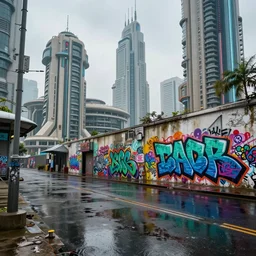 retro-futuristic city realistic grafitti utopia photorealism rain reflection,8k