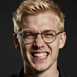 a short haired blonde man making a troll face, eye glasses, rotten teeth