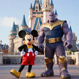a photo of walt disney and thanos standing together in front of the magic kingdom castle, photograph, realistic, 4K UHD, 16mm f/1.4