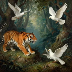 tiger versus dove, enchanted forest, painting by gaston bussiere, craig mullins, j. c. leyendecker