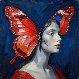 suprematism art style of Female humanoid hybrid butterfly by Morris Louis, Laurie Greasley rainbowcore, classical realism sparklecore, fantastic realism Details: Complex, sci-fi macro lens, panorama colorful lighting Styles, light-red, Colors, dark-blue