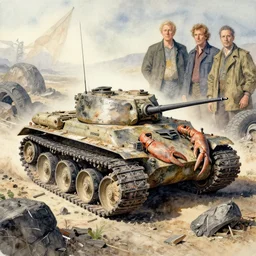 watercolor crustacean panzer, tank treads macerated in cluster of shredded tire valley by richard corben, bernie wrightson, ian miller, & albrecht durer, fine art masterpiece, dystopian lighting, photorealistic render, cinematic,