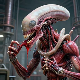 hr giger highly detailed anatomical biomechanical industrial factory made to chew object via teeth, biomechanical xenomorph machine made of teeth red gums pink sinew red muscle, disturbing biohorror saliva, cinematic 3 d render unreal engine, photorealistic, volumetric lighting, photographed by hr giger, rendered by hr giger, designed by hr giger, red pink white steel