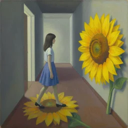 a painting of a girl walking in a hallway and suddenly finds a giant sunflower on the floor blocking her way, painted by dorothea tanning