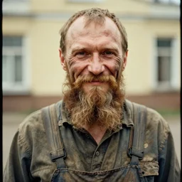 far view, extremely skinny malnourished kremlin dictator with long beard, wearing dirty overalls, dirty greasy face, grin, portrait, close up, kodak gold 2 0 0, 5 0 mm,