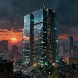 a beautiful ultradetailed painting of city architecture building penitentiary by ralph mcquarrie, sunset laser sci - fi nightvision alien made of glass rain night at night reclaimed by nature liberty city evil at dusk assassin's creed poppy otherworldly myst dramatic lighting biopunk cyberpunk, archdaily, wallpaper, highly detailed, trending on artstation.