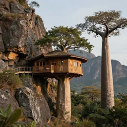 a modern treehouse on the side of a cliff in madagascar, next to an enormous mountain, baobab tree, artstation, an epic fantasy, cinematic lighting, hyper realistic, photographic, sharp focus, by greg rutkowski and aphonse mucha