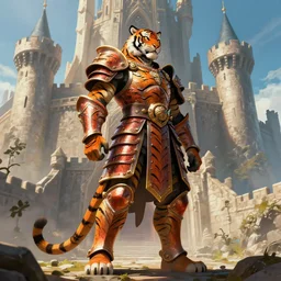 highly stylized tiger armor paladin character by moebius standing in front of a castle, Gilles Beloeil,yoji shinkawa , character concept art, character modeling, science fiction, rich colors, , trending on artstation, beautifully lit, weta digital, substance textures, ray trace + low angle, wide angle, 35mm
