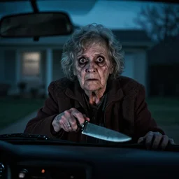 Old lady with a knife, dashboard cam, scary, horror, in the middle of the night