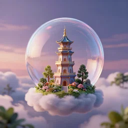 miniature tower inside a bubble, floating on clouds, realistic 3 d render, unreal engine, gardens, ecofuturism, solarpunk, maya, 8 k, smooth, sharp focus, octane, twilight