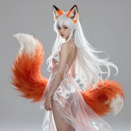 prompt A beautiful portrait of a white red orange kumiho, translucent silky dress, long clumpy hair in the shape of fox tail, backlit, concept art, matte painting, by Peter Mohrbacher