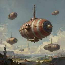 medievalpunk Airships, matte painting, by thomas Cole, James Gurney, Craig mullins, RHADS, Trending on Artstation