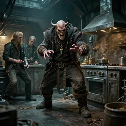 british magical hobo breaks into some ork's kitchen and attacks them, 4 k, detailed, real life photo, sharp focus, photorealistic, cyberpunk