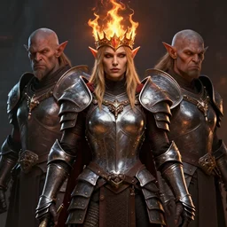 epic portrait of female orc in plate armour and crown of fire by cleavanger and elvgren epic awesome gorgeous symmetrical perfect octane vfx maya render realistic