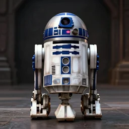 a film still from star wars iii of steampunk r 2 d 2 with a monocle on its eye, wide shot, full body, perfect symmetry, hyperdetailed 3 d, hyperrealism, hyperrealistic, cinematic, photorealistic photograph