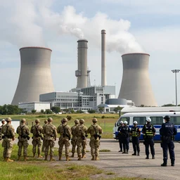 blended future mix of nuclear plant, army soldiers, first responders, police