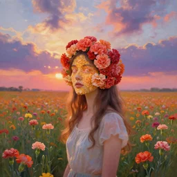 head made of carnations flower, girl standing in the middle of a flower field, surreal photography, sunrise dramatic light, impressionist painting, colorful clouds, digital painting, artstation, simon stalenhag, flower face