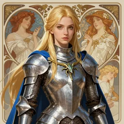a portrait of a medieval fantasy female paladin, beautiful, blonde long straight hair and hazel eyes, metal armor, blue cape, basilisk necklace, very detailed, amazing quality, stunning, by rebecca guay and alphonse mucha and ilya kuvshinov, artstation, pixiv, digital art