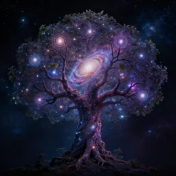 cosmic tree of life made of stars, In the deep space, there is a tree which contains all of the galaxies in this universe, each branch and leaf is a portal to another space and time,cinematic, trending on artstation, magical colors, fantasy,4K UHD image,