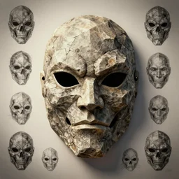 rock mask design, character sheet, Moebius, Greg Rutkowski, Zabrocki, Karlkka, Jayison Devadas, Phuoc Quan, trending on Artstation, 8K, ultra wide angle, zenith view, pincushion lens effect.