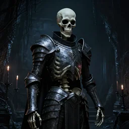 cinematic of a dark crypt scene with a living skeleton wearing armor, highly detailed, inspired by Tim Burton, Unreal Engine 4k