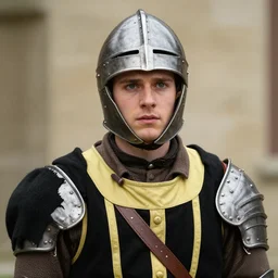 Medium closeup young idealistic and pious homely male Imperial soldier wearing a black tabard with light yellow accents over a brown gambeson and a barbute!!!!! helm, by Raymond Swanland Greg Rutkowski Lise Deharm, {perfect face}, {perfect eyes}, {uncertain look}, {on edge}