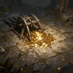 trap, stone floor, gold pile in center, dnd fantasy digital art, high detail, realistic